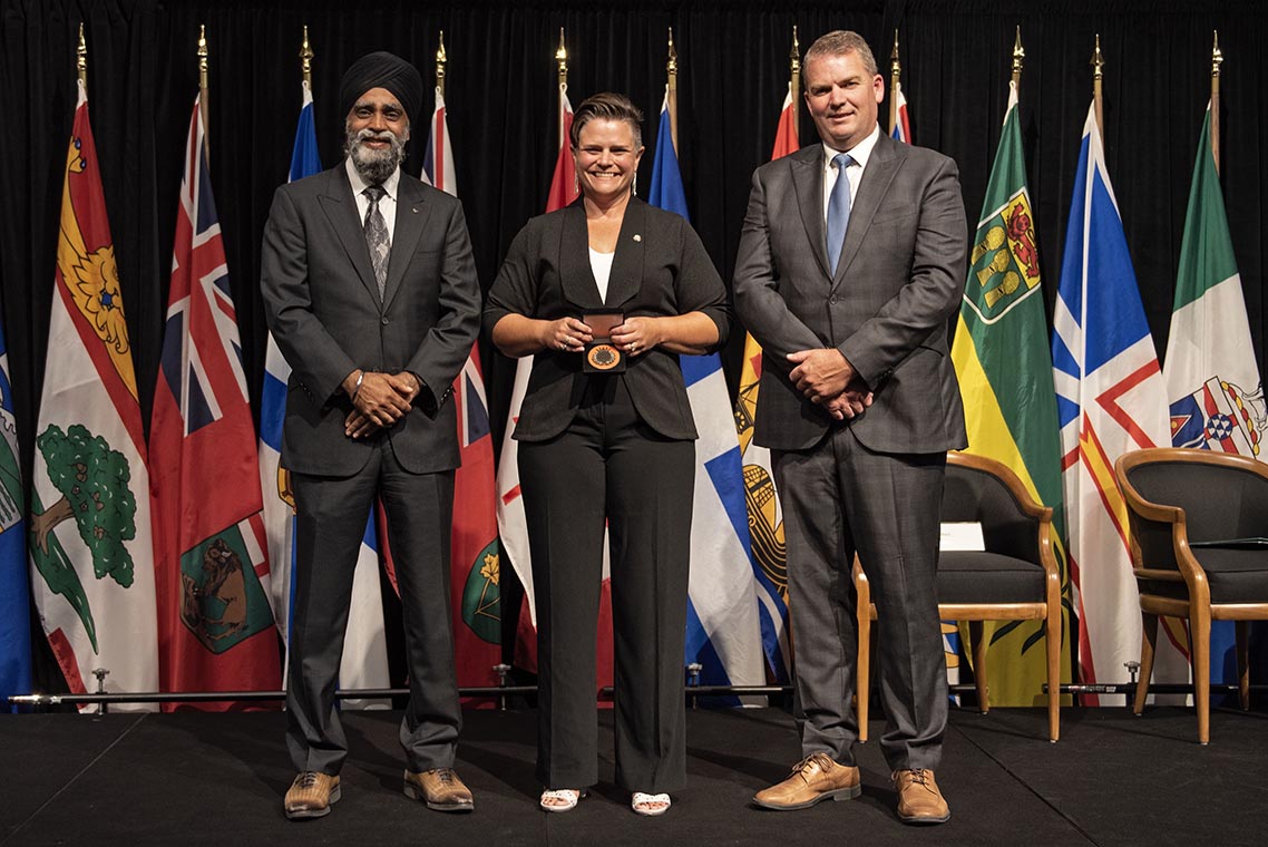 The Honourable Harjit S. Sajjan, President of the King's Privy Council for Canada and Minister of Emergency Preparedness (far left) and Minister responsible for the Pacific Economic Development Agency of Canada, and the Honourable Bloyce Thompson, Deputy Premier, Minister of Justice and Public Safety and Attorney General for Prince Edward Island (far right) are pictured with the 2022 award recipient of the Emergency Management Exemplary Service Award for the Search and Rescue Volunteers category.