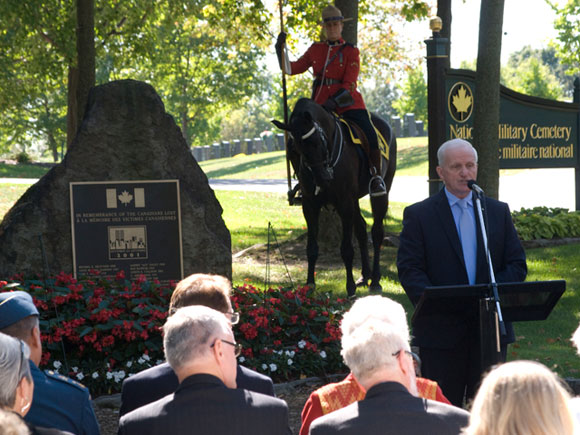 The Honourable Gordon O'Connor, Minister of State and Chief Government Whip, attends the Beechwood National Cemetery's 9/11 memorial service on September 11, 2011 in Ottawa.